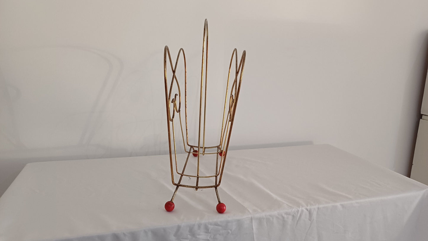 Cute Retro 1950s Gold Metal Magazine Rack With Atomic Feet.