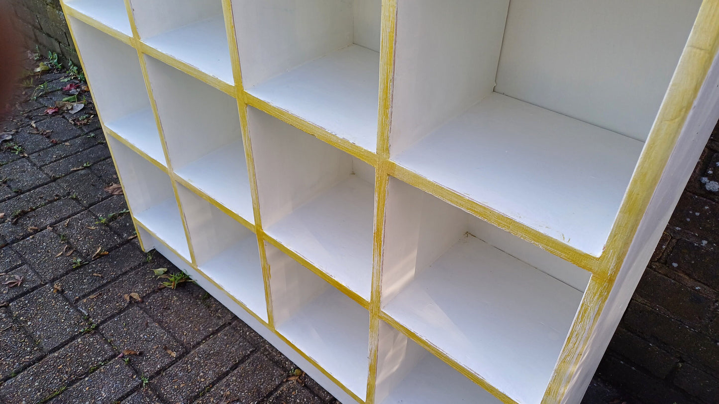 Vintage Set of Large Painted Cubby Holes Shelves in Farrow and Ball Wimborne White with Gold Highlights.