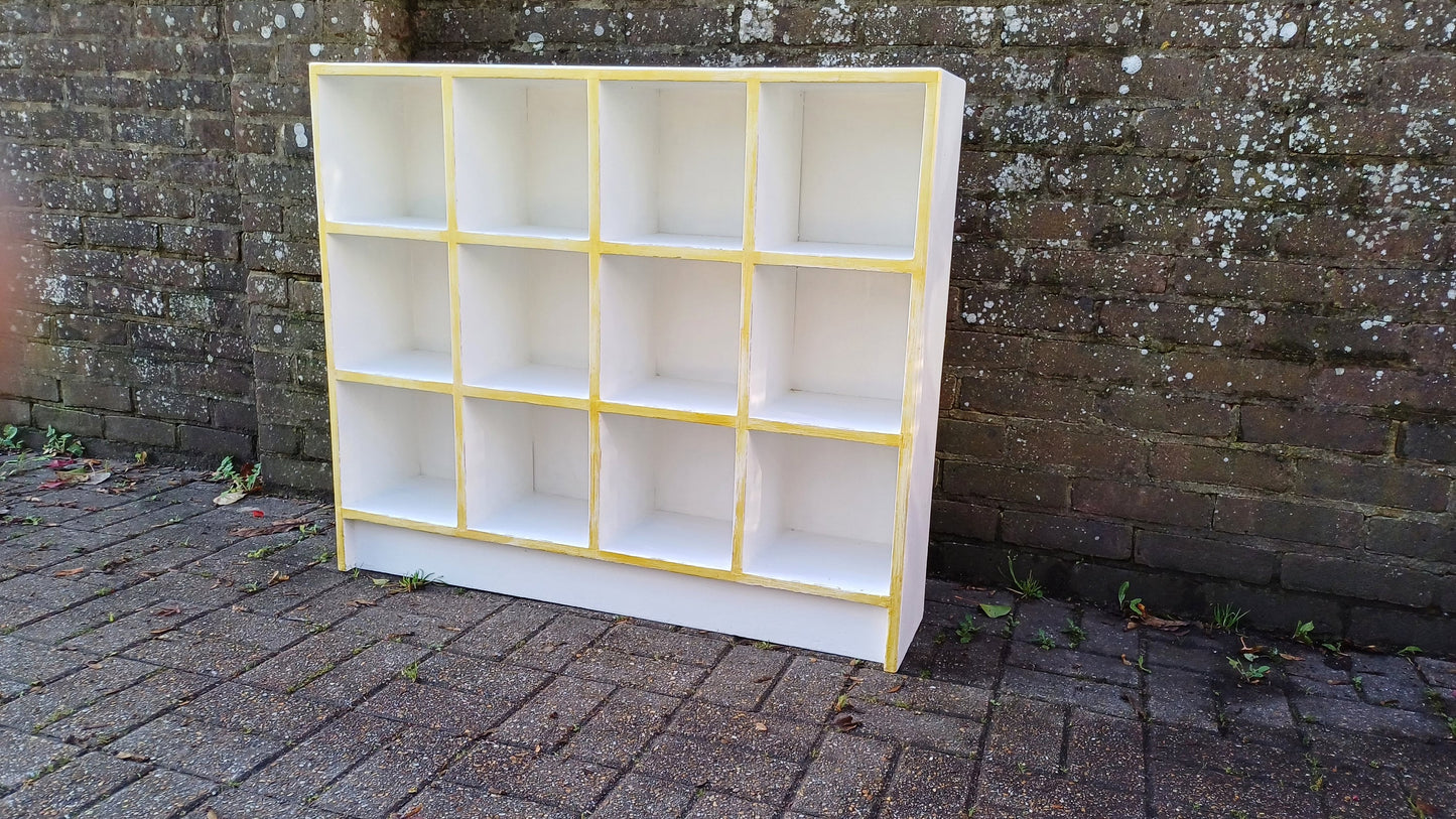 Vintage Set of Large Painted Cubby Holes Shelves in Farrow and Ball Wimborne White with Gold Highlights.