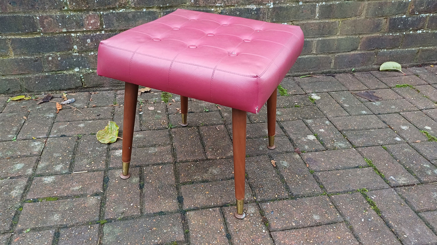 Retro Faux Leather Red Stool on Atomic Legs - red leatherette, buttoned, metal feet (40cm x 41cm x 40cm)- authentic retro