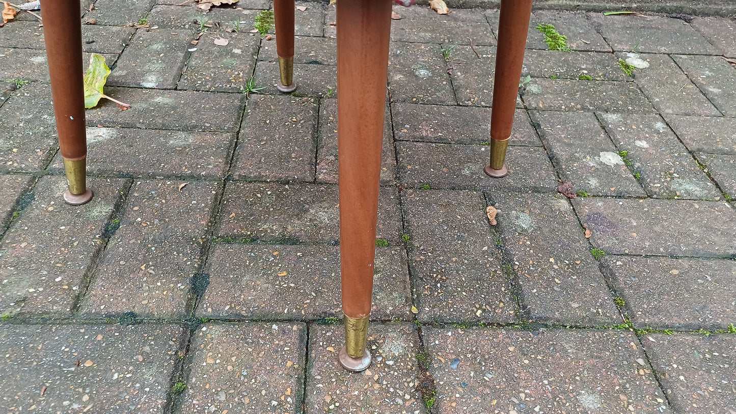 Retro Faux Leather Red Stool on Atomic Legs - red leatherette, buttoned, metal feet (40cm x 41cm x 40cm)- authentic retro