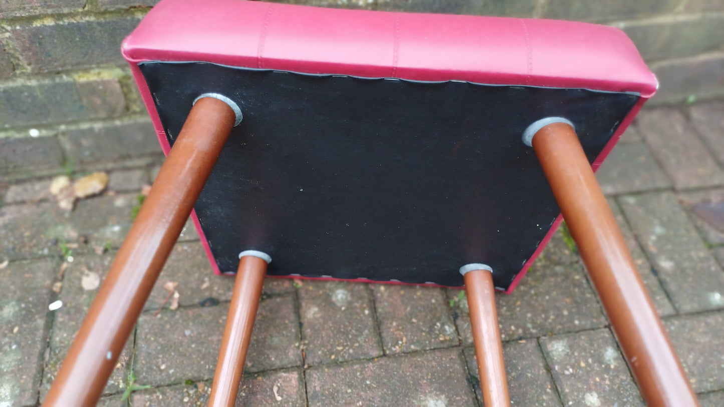 Retro Faux Leather Red Stool on Atomic Legs - red leatherette, buttoned, metal feet (40cm x 41cm x 40cm)- authentic retro