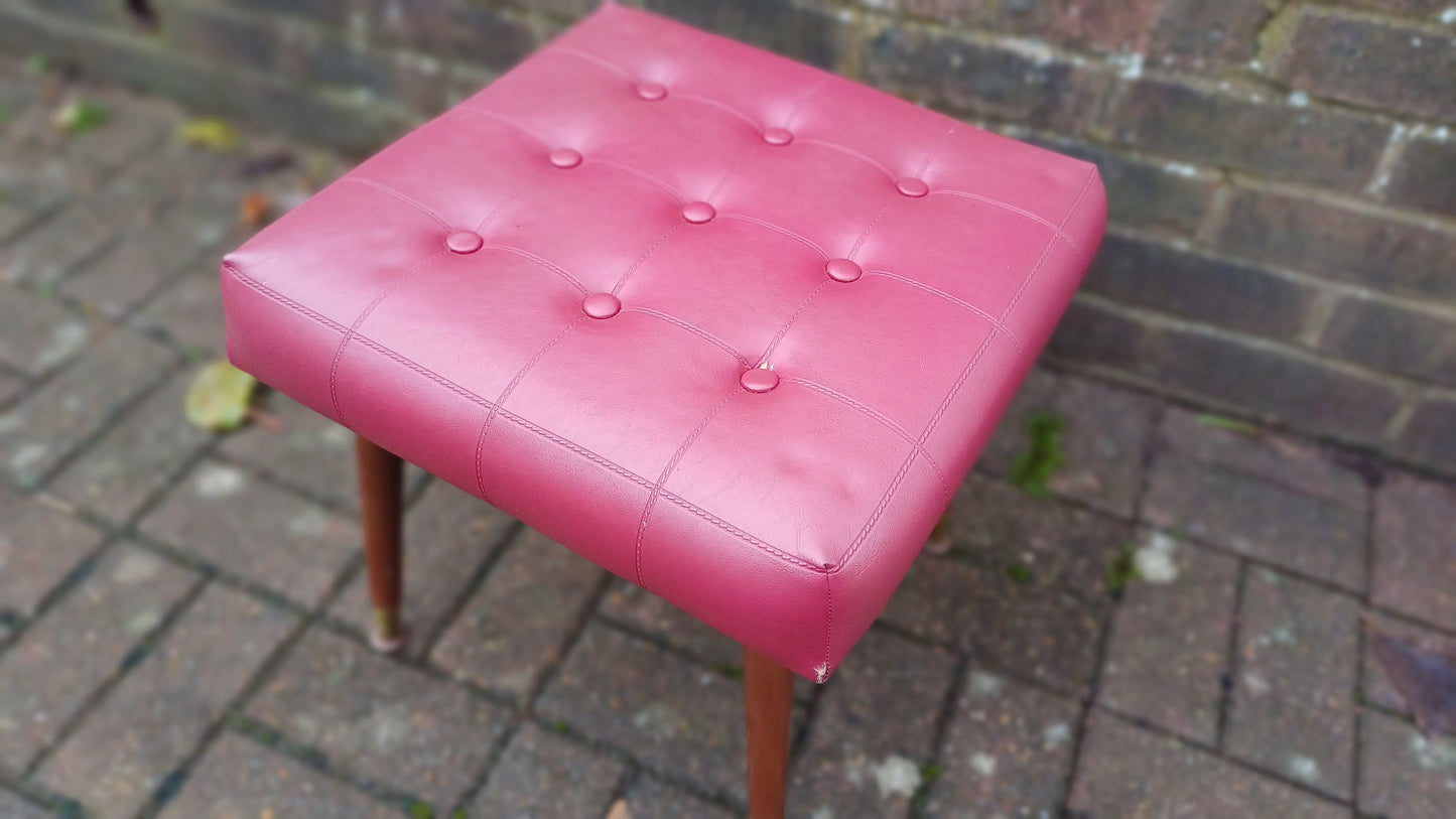 Retro Faux Leather Red Stool on Atomic Legs - red leatherette, buttoned, metal feet (40cm x 41cm x 40cm)- authentic retro
