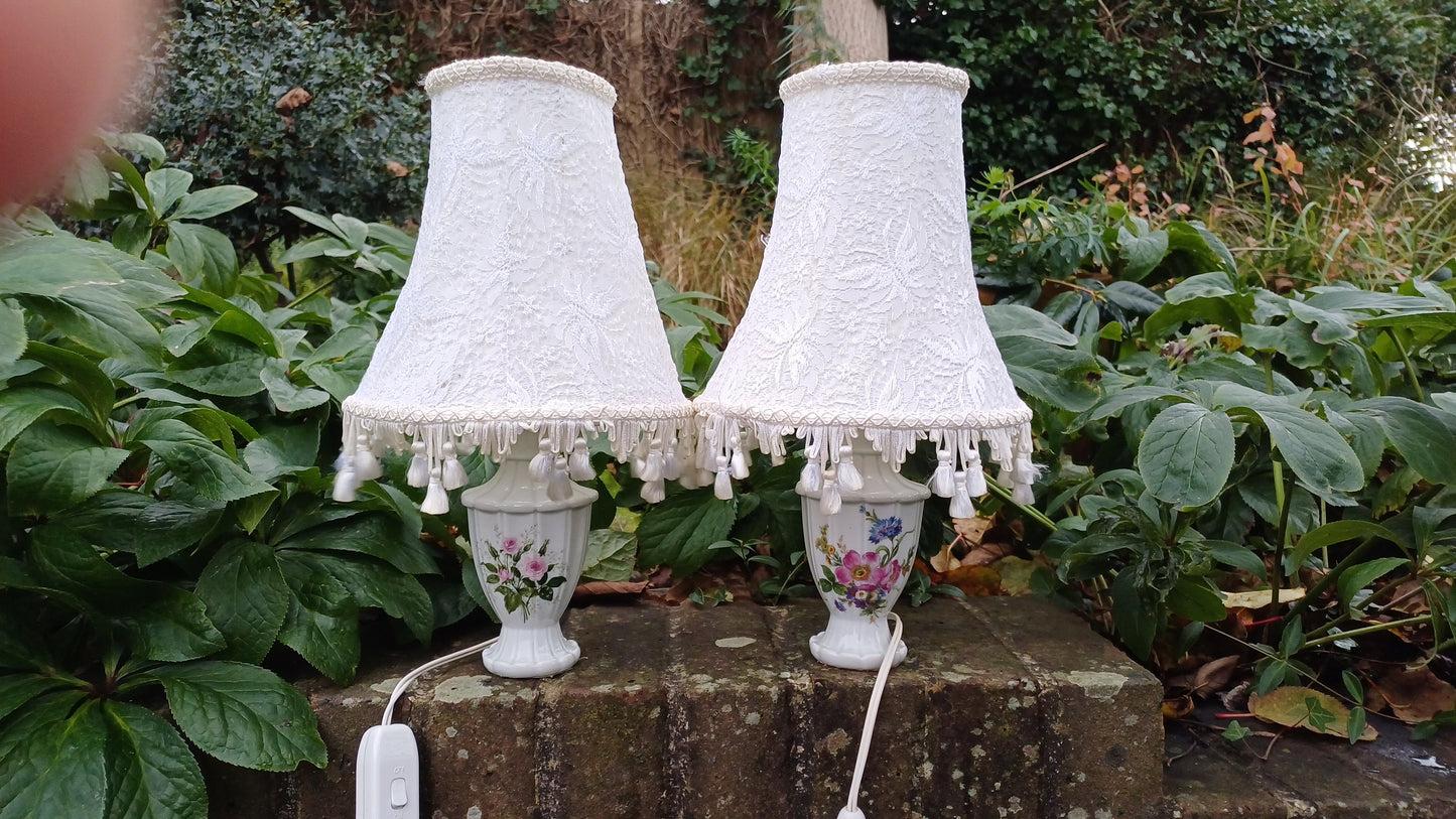Pretty Pair Floral Porcelain Lamps and Frilly Shades - authentic vintage/antique; one roses and one summer blooms (36cm top to bottom)