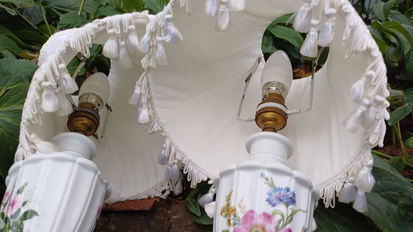 Pretty Pair Floral Porcelain Lamps and Frilly Shades - authentic vintage/antique; one roses and one summer blooms (36cm top to bottom)