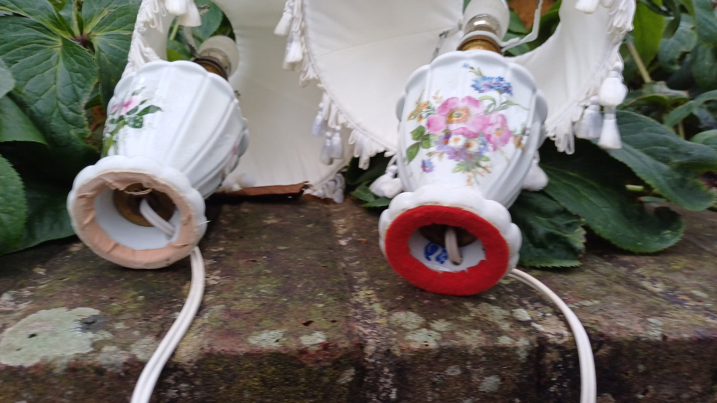 Pretty Pair Floral Porcelain Lamps and Frilly Shades - authentic vintage/antique; one roses and one summer blooms (36cm top to bottom)
