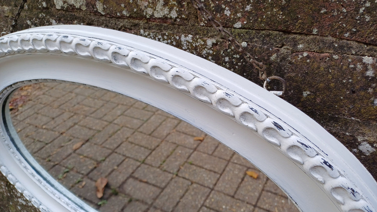 Vintage Painted Ornate Oval Wall Mirror in Farrow and Ball Wimborne White.