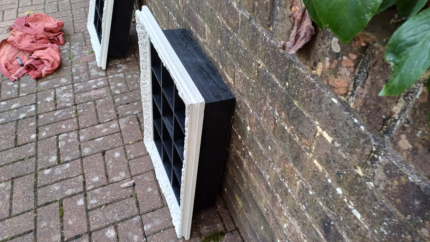 Vintage Style Wooden Black and White Cubby Hole Shelves Within Orante White Frame.