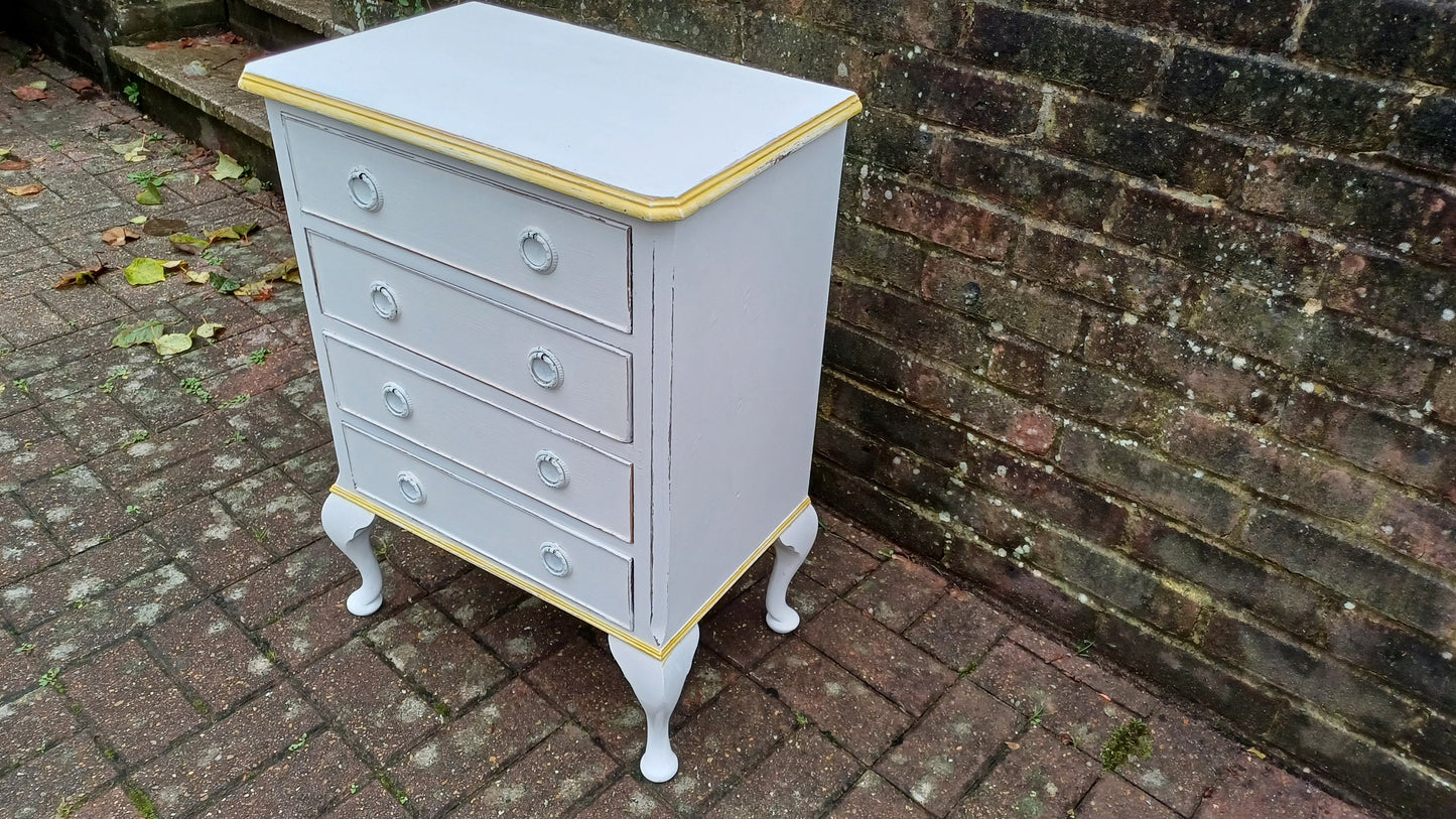 Vintage Painted Bedside or Occasional Chest of Drawers Table in Farrow and Ball White Gold Highlights.