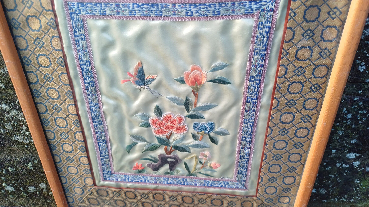 Authentic vintage oriental needlework (exquisitely executed!) of flowers, butterfly on silk fabric in wooden frame - 27cm x 32.5cm