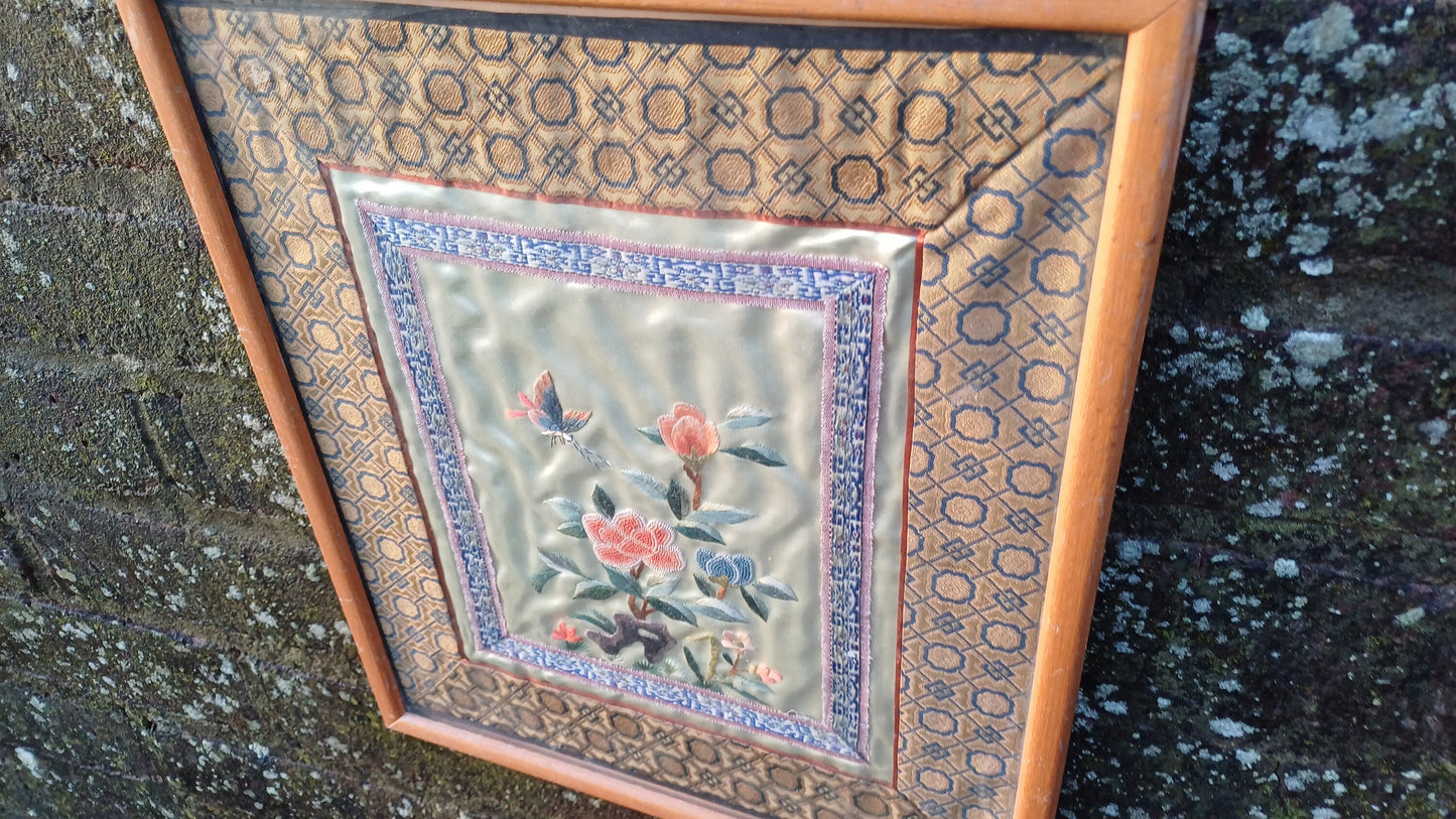 Authentic vintage oriental needlework (exquisitely executed!) of flowers, butterfly on silk fabric in wooden frame - 27cm x 32.5cm