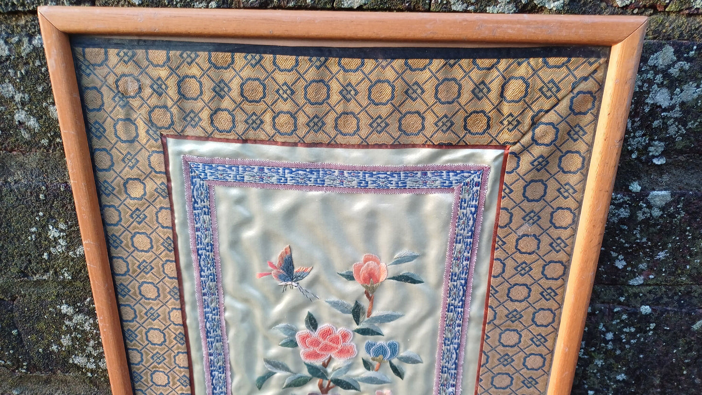 Authentic vintage oriental needlework (exquisitely executed!) of flowers, butterfly on silk fabric in wooden frame - 27cm x 32.5cm