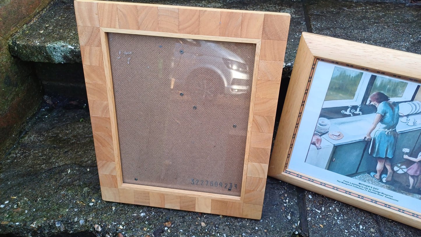 3 good sized photo picture frames made from pine - glazed, two matching, 3rd interesting finish & print from George Musgrave "Mothers Day"