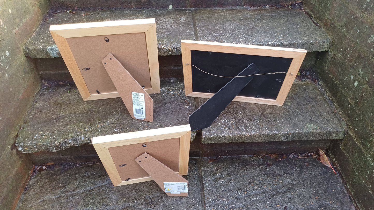 3 good sized photo picture frames made from pine - glazed, two matching, 3rd interesting finish & print from George Musgrave "Mothers Day"