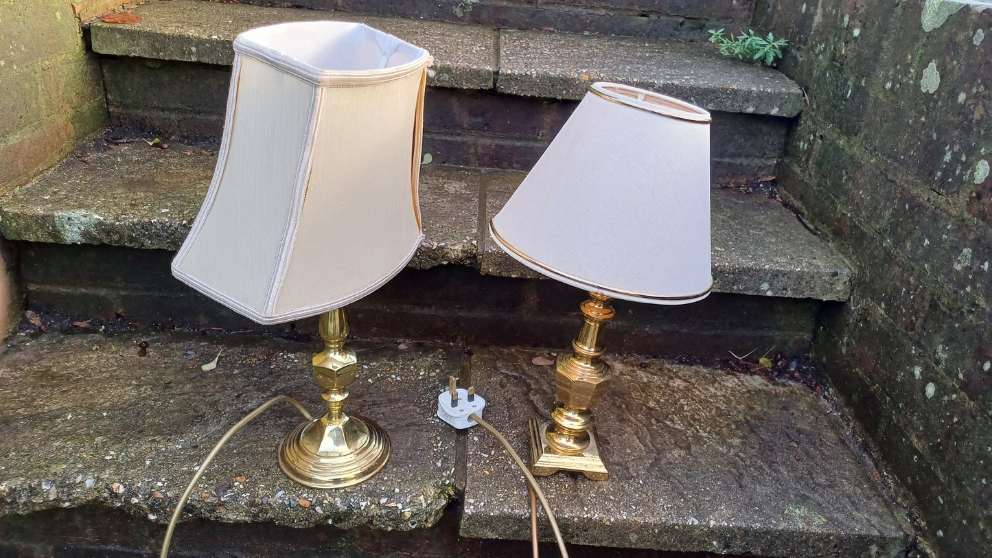 Two brass lamps with shades authentic vintage - working - 38cm and 42cm tall with shades