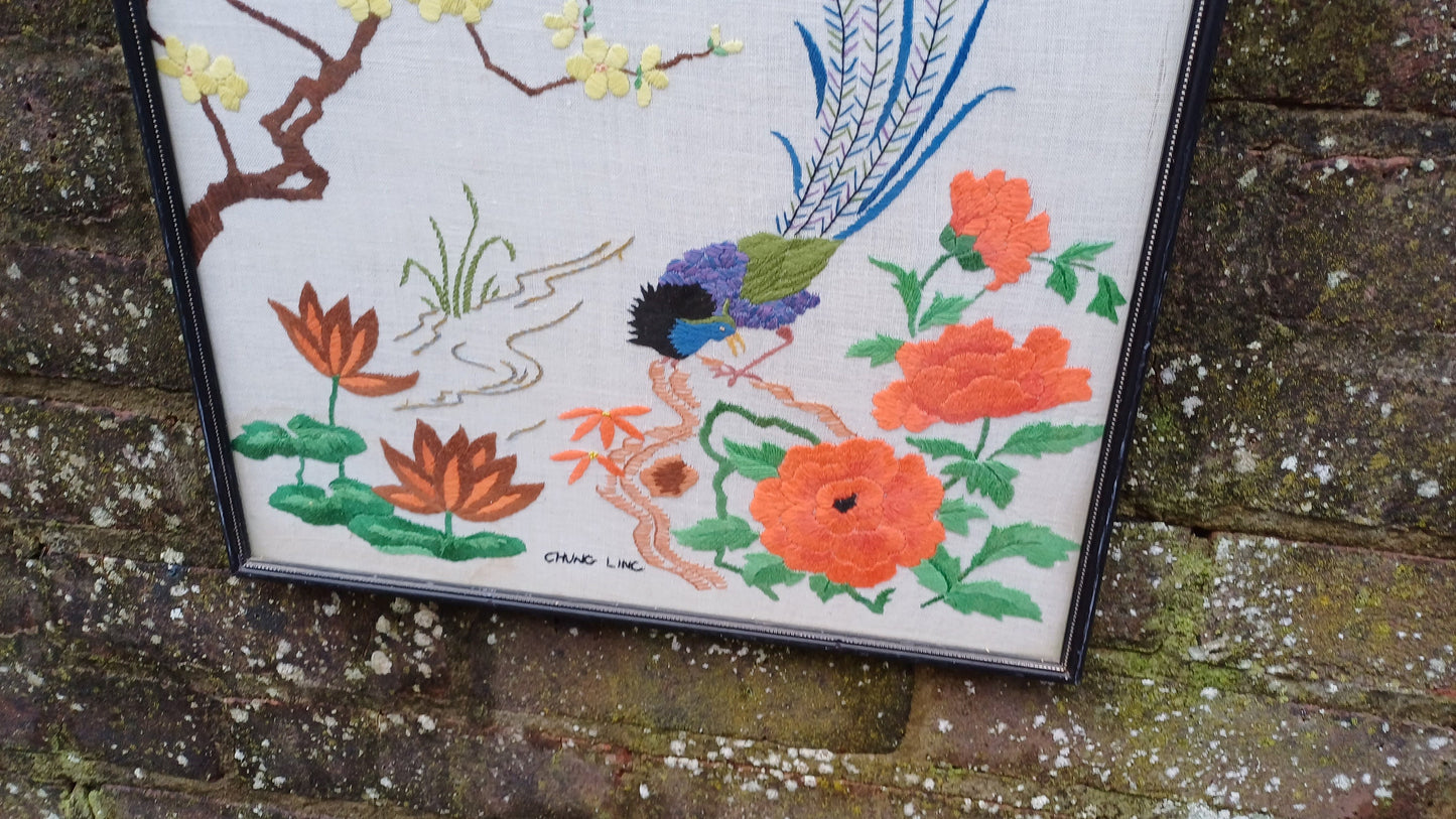 Vintage Chinese Oriental Needlework Embroidery Needlepoint of peacock, blossoms, butterflies and flowers - beautifully done (47cm x 38cm)