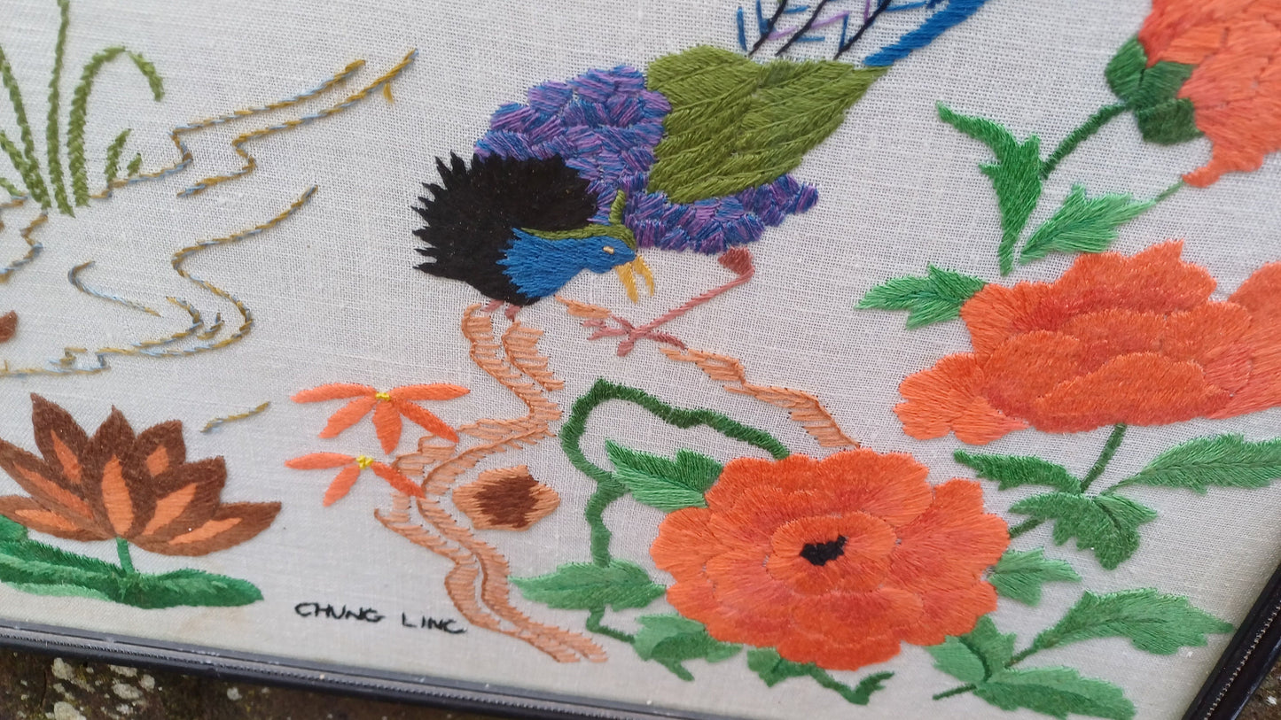 Vintage Chinese Oriental Needlework Embroidery Needlepoint of peacock, blossoms, butterflies and flowers - beautifully done (47cm x 38cm)