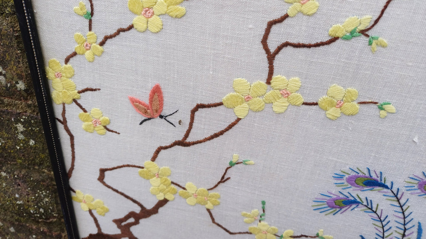 Vintage Chinese Oriental Needlework Embroidery Needlepoint of peacock, blossoms, butterflies and flowers - beautifully done (47cm x 38cm)