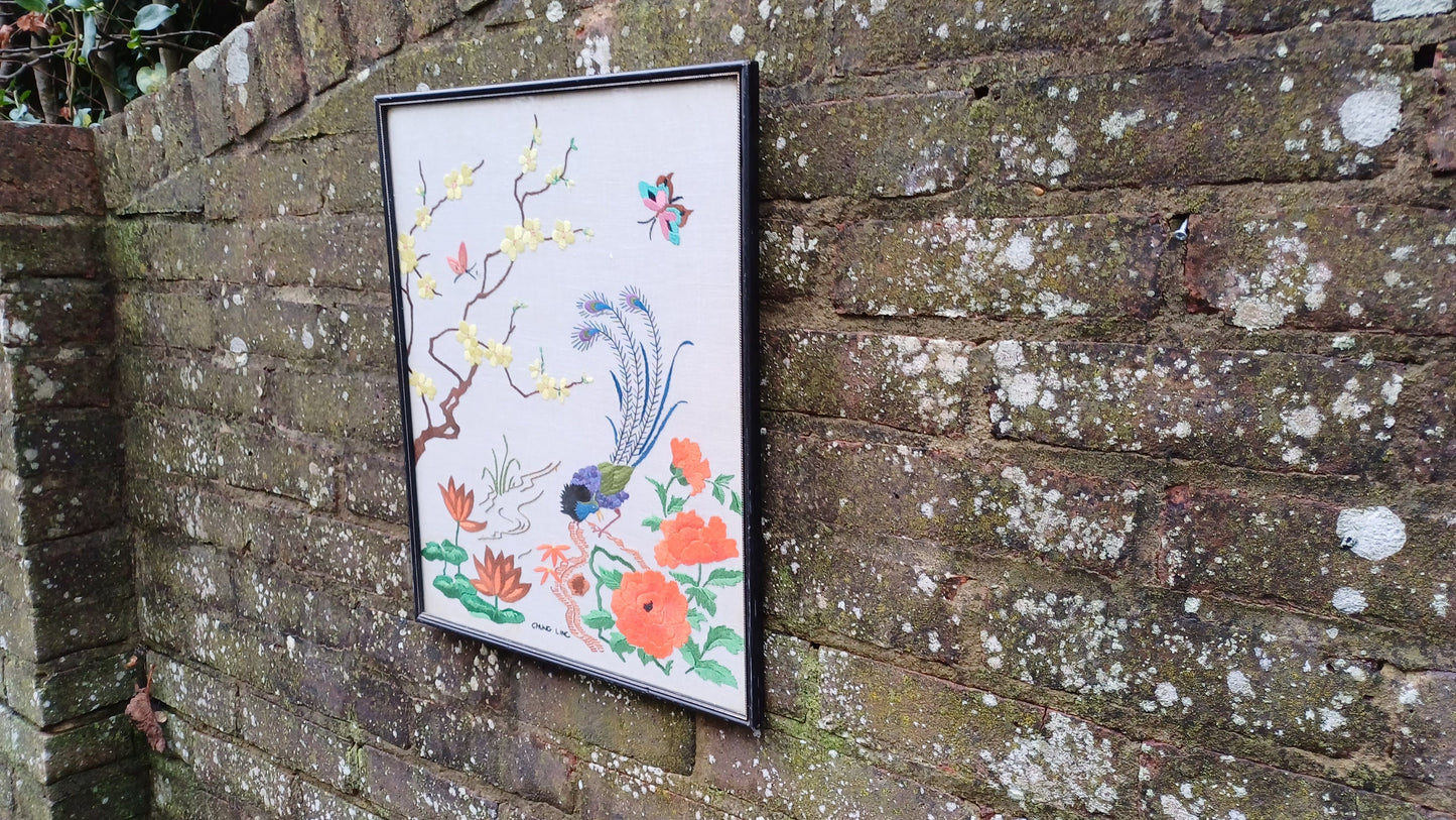 Vintage Chinese Oriental Needlework Embroidery Needlepoint of peacock, blossoms, butterflies and flowers - beautifully done (47cm x 38cm)