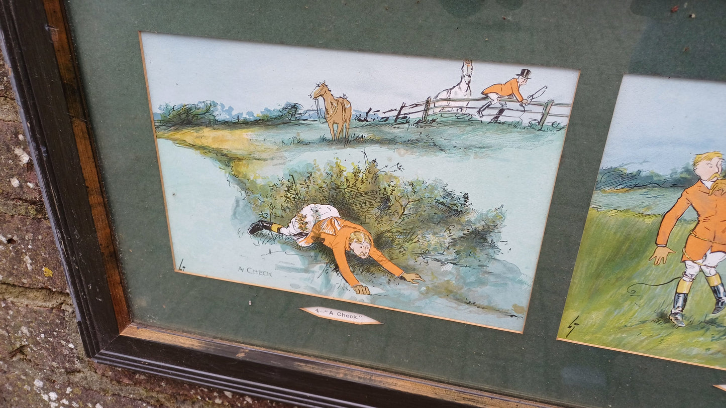 Large Trio of Vintage Cartoon Fox Hunting Gone Wrong Prints A Check A Holloa A Finish LT