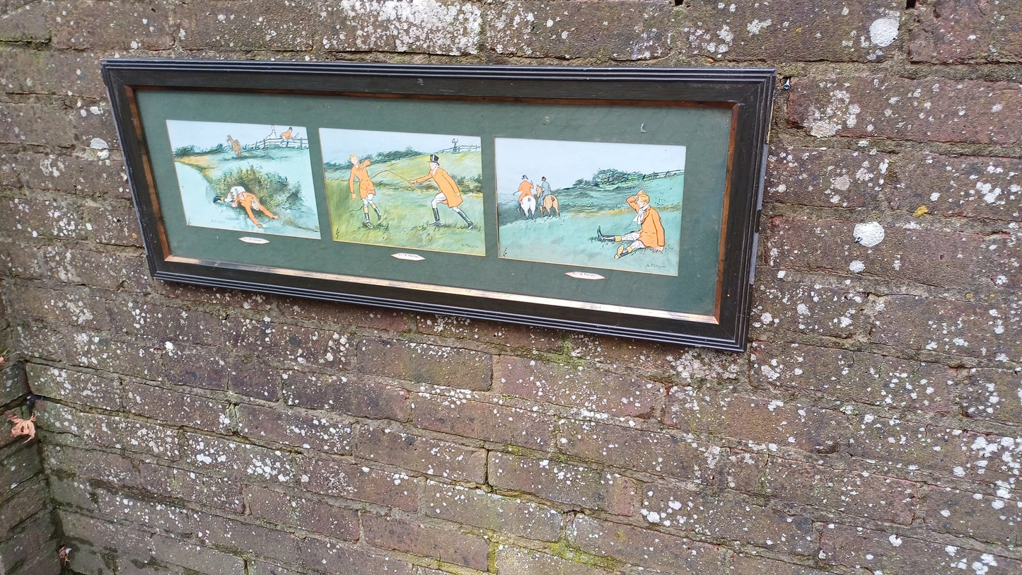 Large Trio of Vintage Cartoon Fox Hunting Gone Wrong Prints A Check A Holloa A Finish LT