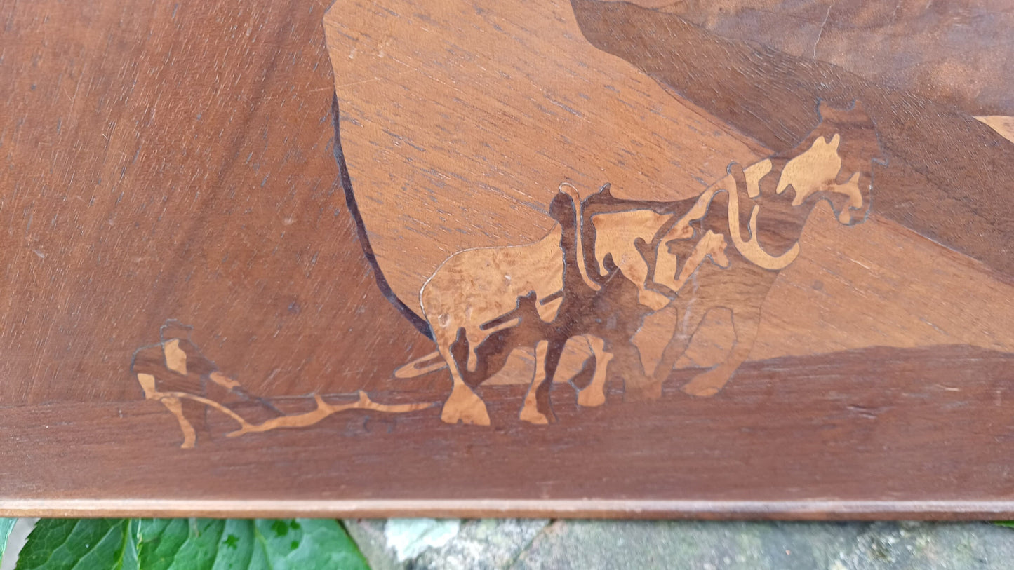 Marquetry Landscape - woodcraft - man and a plough - vintage - vgc (24cm x 31cm)