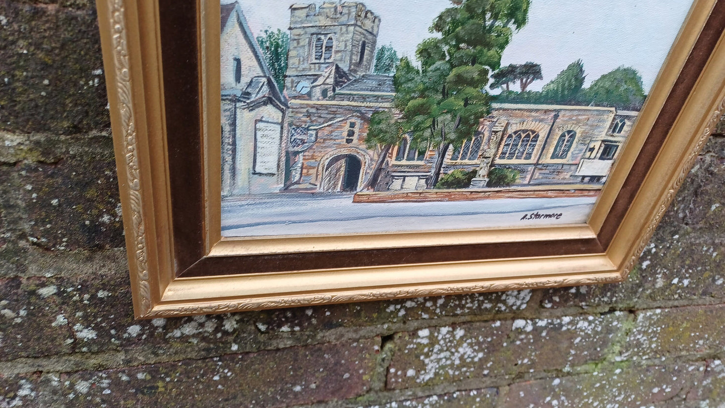 St Mary Church, Finchley original oil painting framed in gilt and velvet vintage frame 29cm x 33.5cm