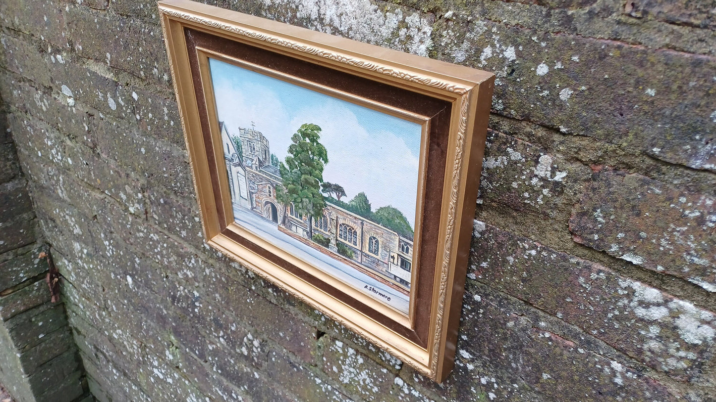 St Mary Church, Finchley original oil painting framed in gilt and velvet vintage frame 29cm x 33.5cm