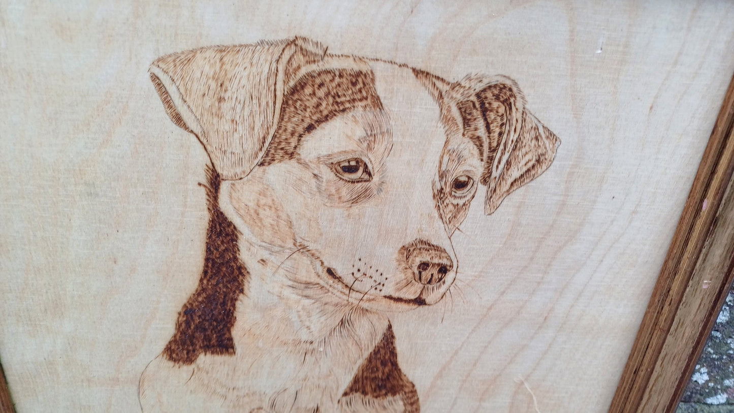 Beloved Jack Russell Dog Portrait Vintage Wood Etching / Carving - 27cm x 30cm