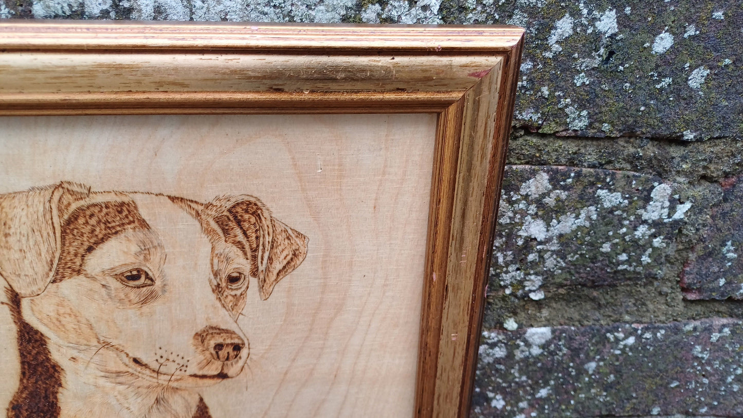 Beloved Jack Russell Dog Portrait Vintage Wood Etching / Carving - 27cm x 30cm