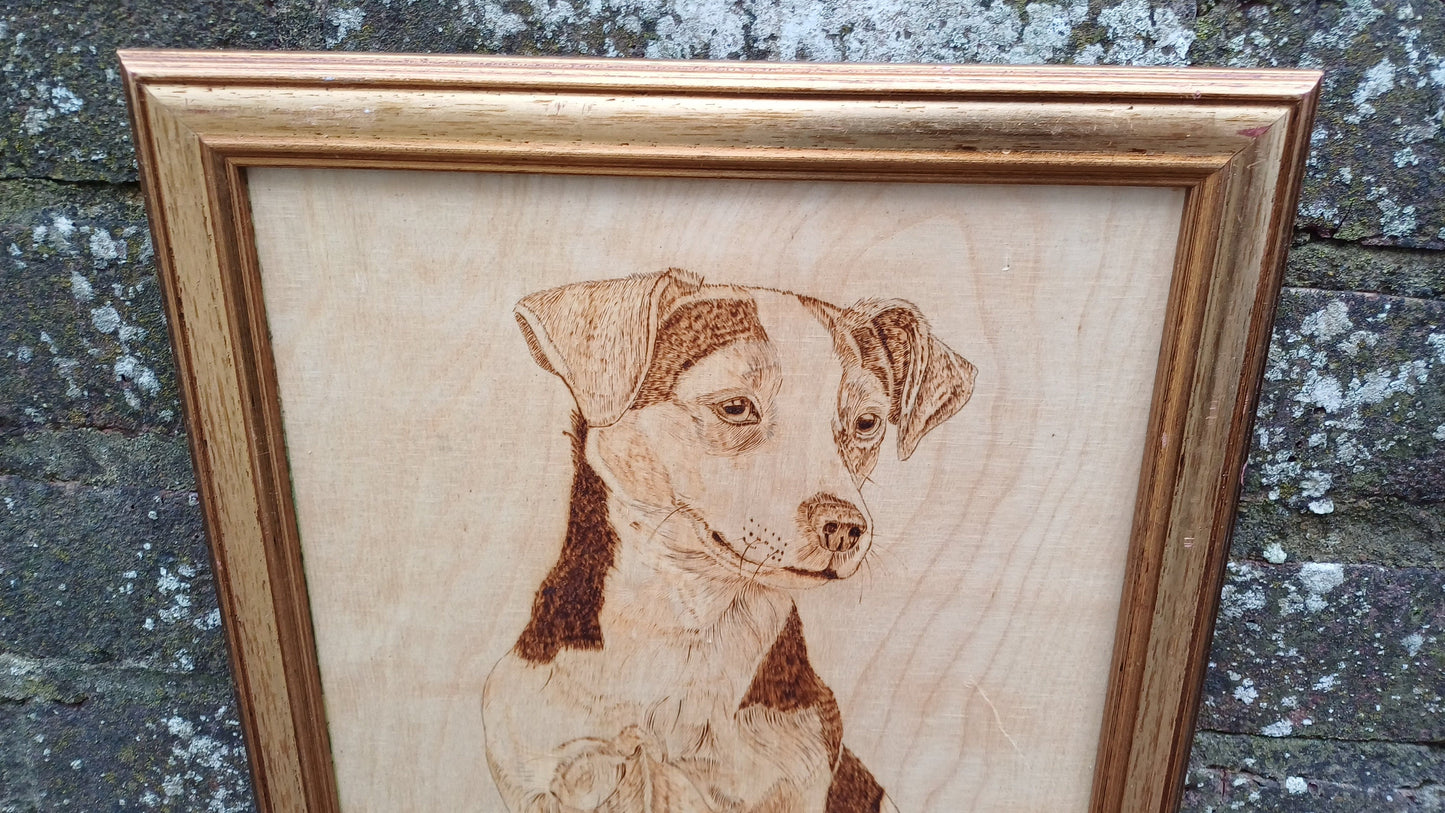 Beloved Jack Russell Dog Portrait Vintage Wood Etching / Carving - 27cm x 30cm