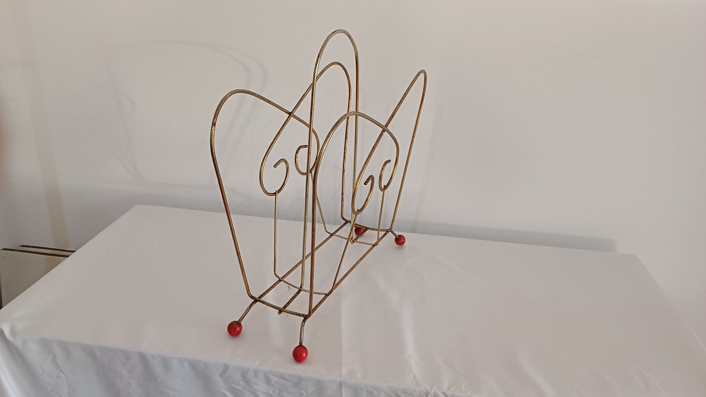 Cute Retro 1950s Gold Metal Magazine Rack With Atomic Feet.