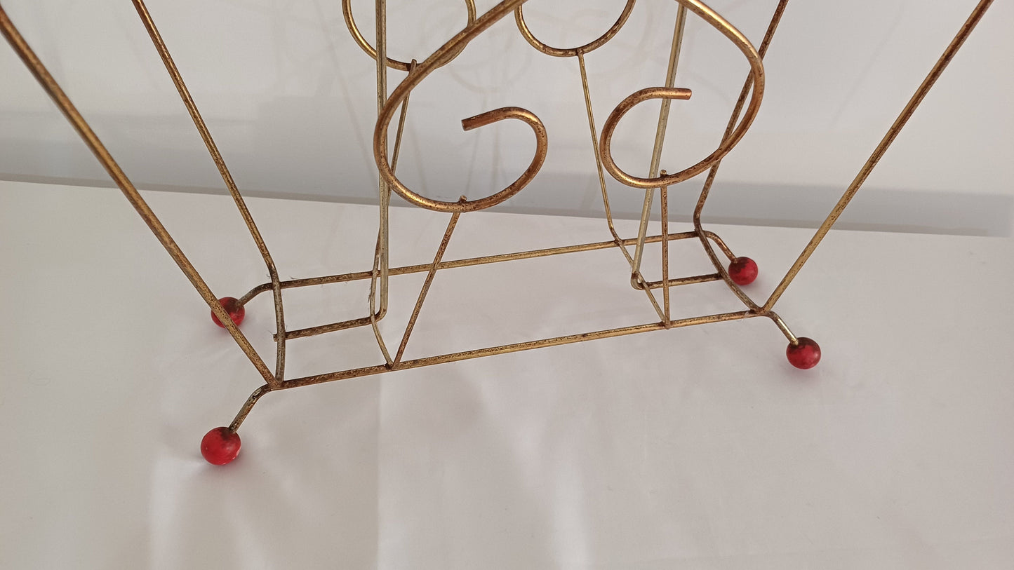 Cute Retro 1950s Gold Metal Magazine Rack With Atomic Feet.