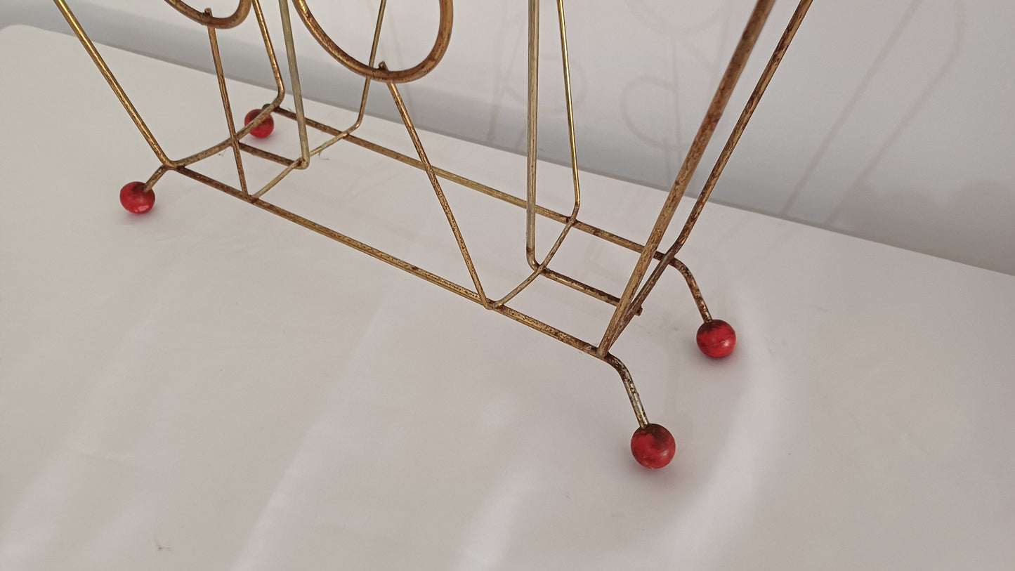 Cute Retro 1950s Gold Metal Magazine Rack With Atomic Feet.