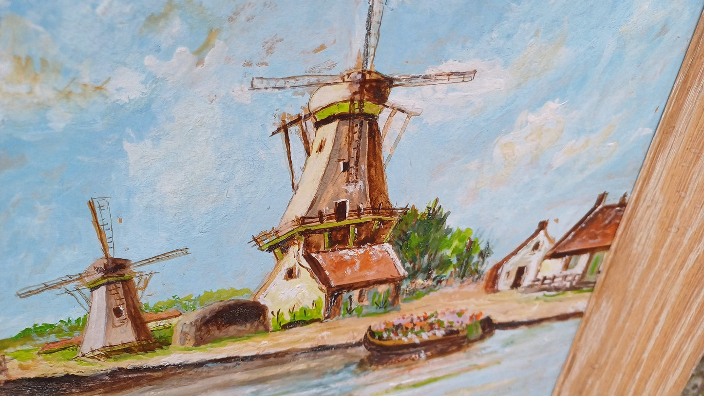 Bright and Cheerful Tulip Fields and Windmills - vintage original oil painting in a light wood frame 37cm x 48cm