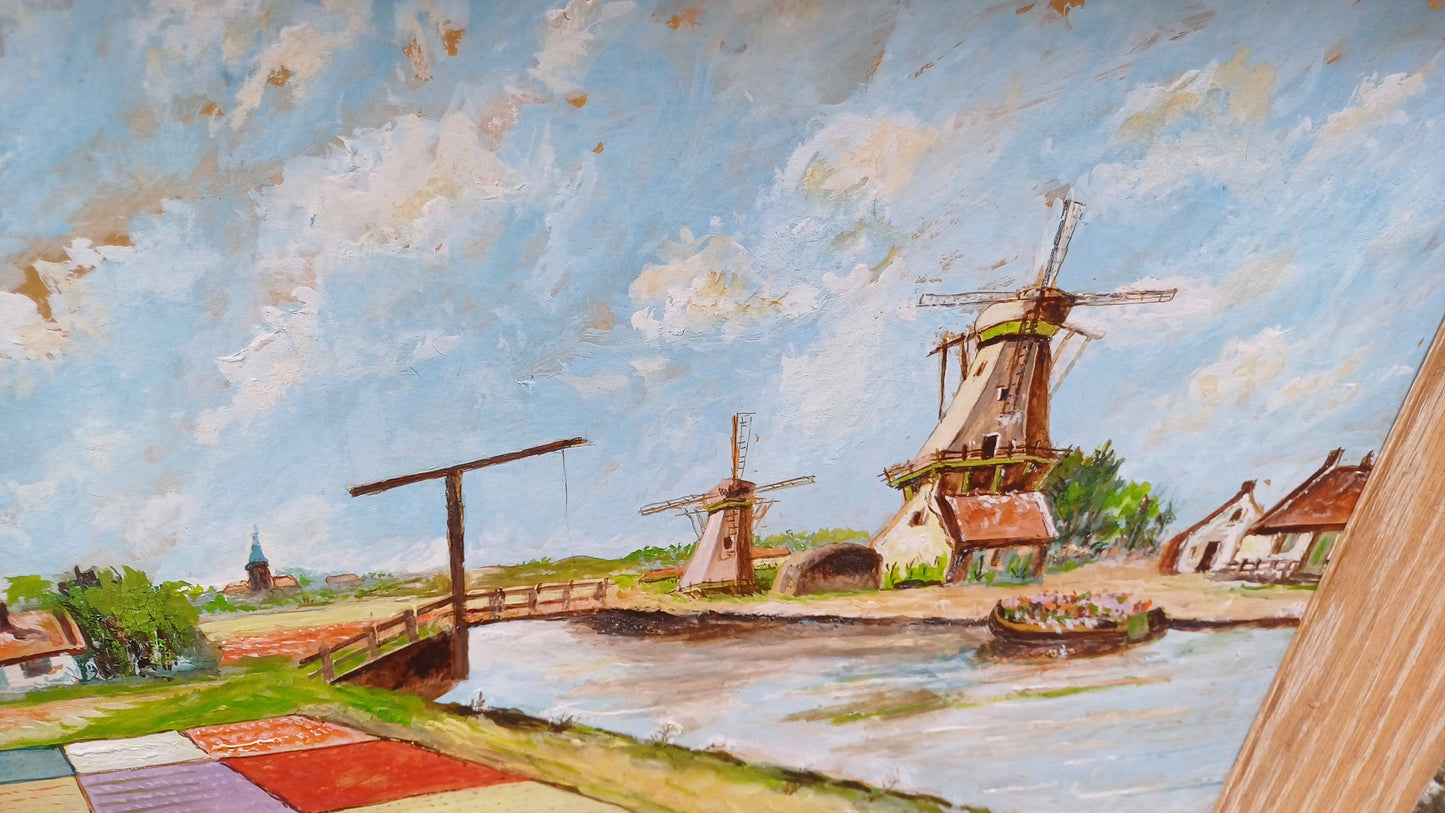 Bright and Cheerful Tulip Fields and Windmills - vintage original oil painting in a light wood frame 37cm x 48cm