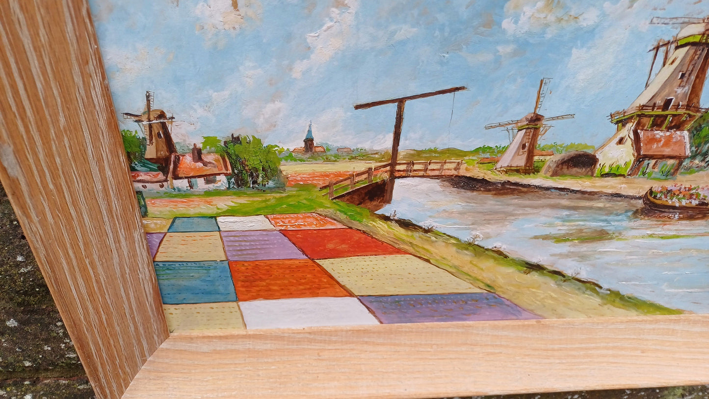Bright and Cheerful Tulip Fields and Windmills - vintage original oil painting in a light wood frame 37cm x 48cm