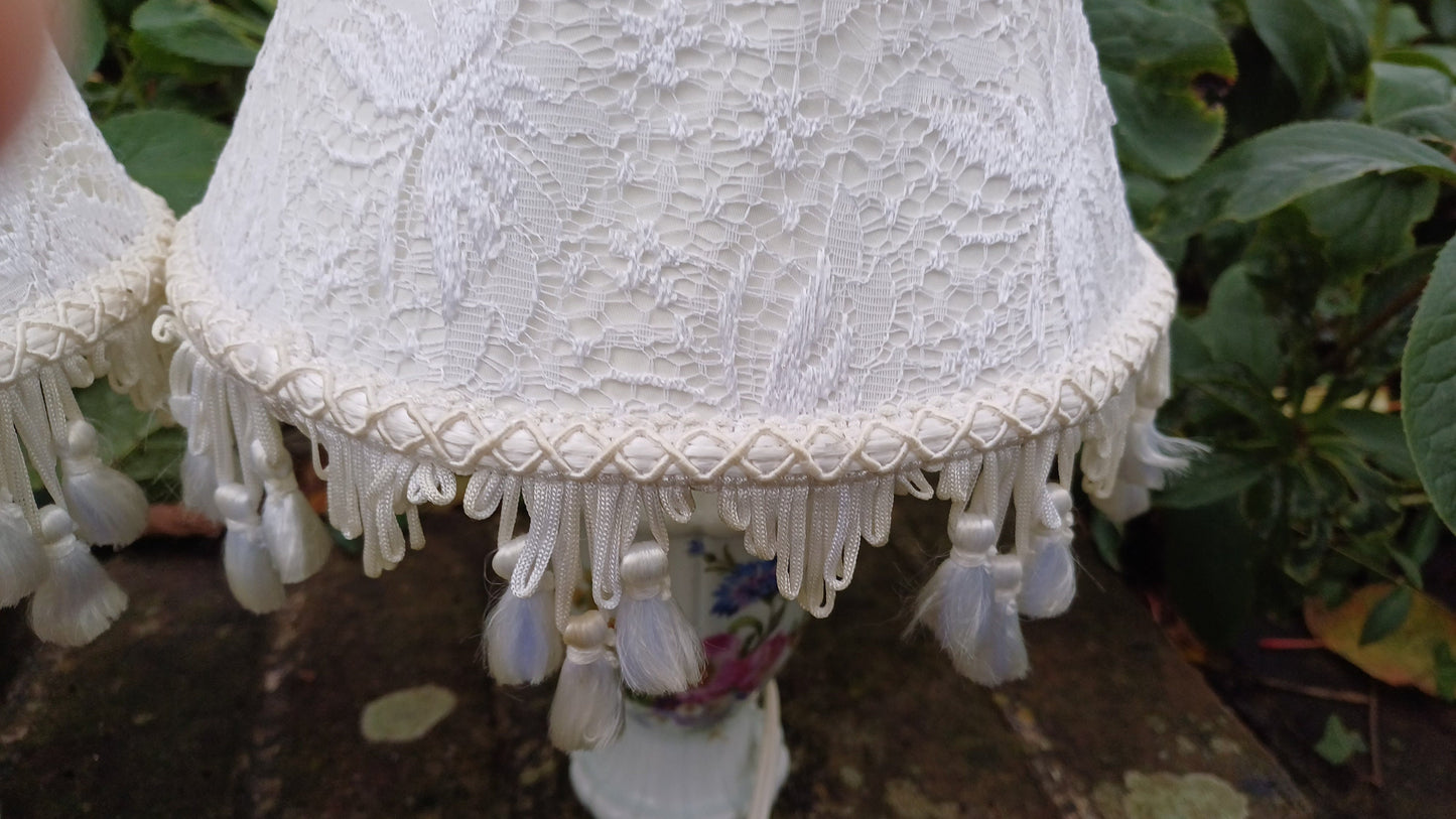 Pretty Pair Floral Porcelain Lamps and Frilly Shades - authentic vintage/antique; one roses and one summer blooms (36cm top to bottom)