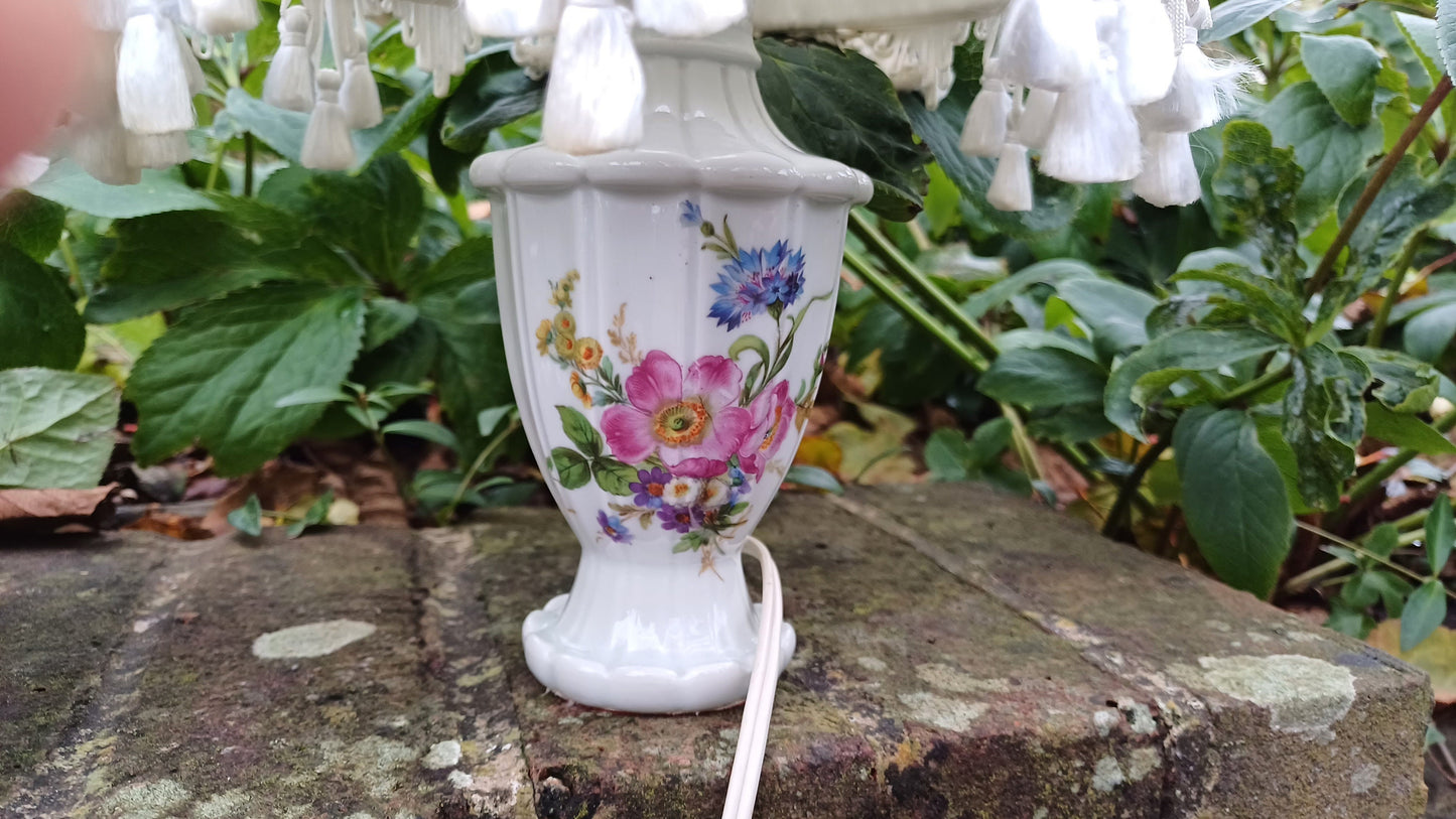 Pretty Pair Floral Porcelain Lamps and Frilly Shades - authentic vintage/antique; one roses and one summer blooms (36cm top to bottom)