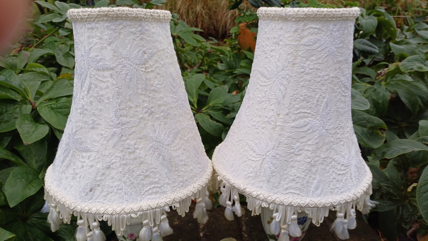 Pretty Pair Floral Porcelain Lamps and Frilly Shades - authentic vintage/antique; one roses and one summer blooms (36cm top to bottom)