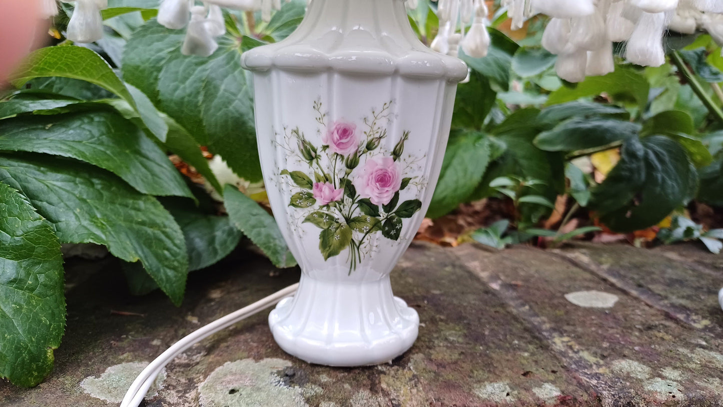 Pretty Pair Floral Porcelain Lamps and Frilly Shades - authentic vintage/antique; one roses and one summer blooms (36cm top to bottom)