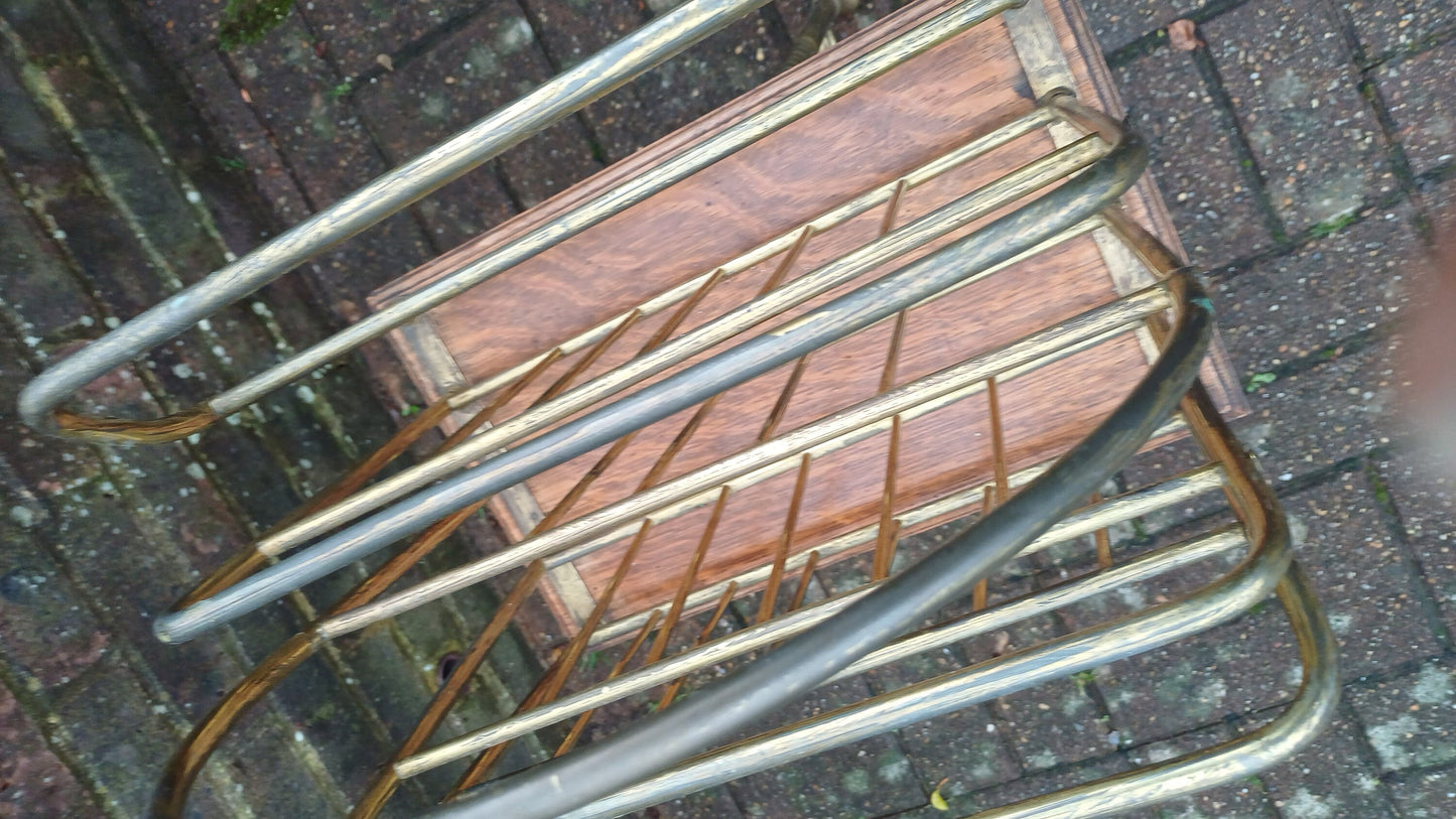 Superb Vintage Victorian Rotating Revolving Brass and Oak Magazine Rack