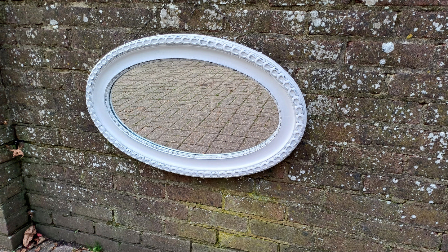 Vintage Painted Ornate Oval Wall Mirror in Farrow and Ball Wimborne White.