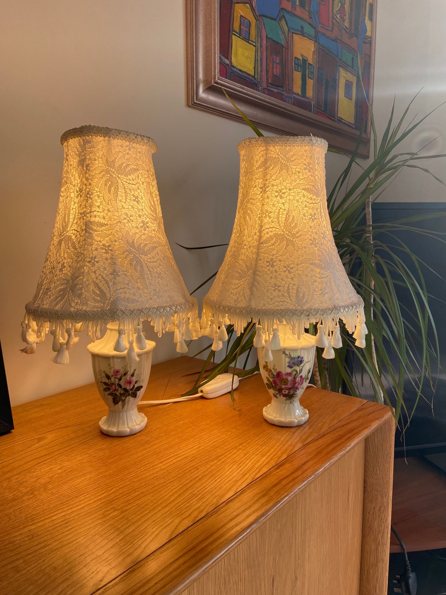Pretty Pair Floral Porcelain Lamps and Frilly Shades - authentic vintage/antique; one roses and one summer blooms (36cm top to bottom)