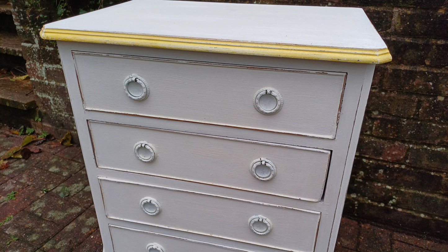 Vintage Painted Bedside or Occasional Chest of Drawers Table in Farrow and Ball White Gold Highlights.