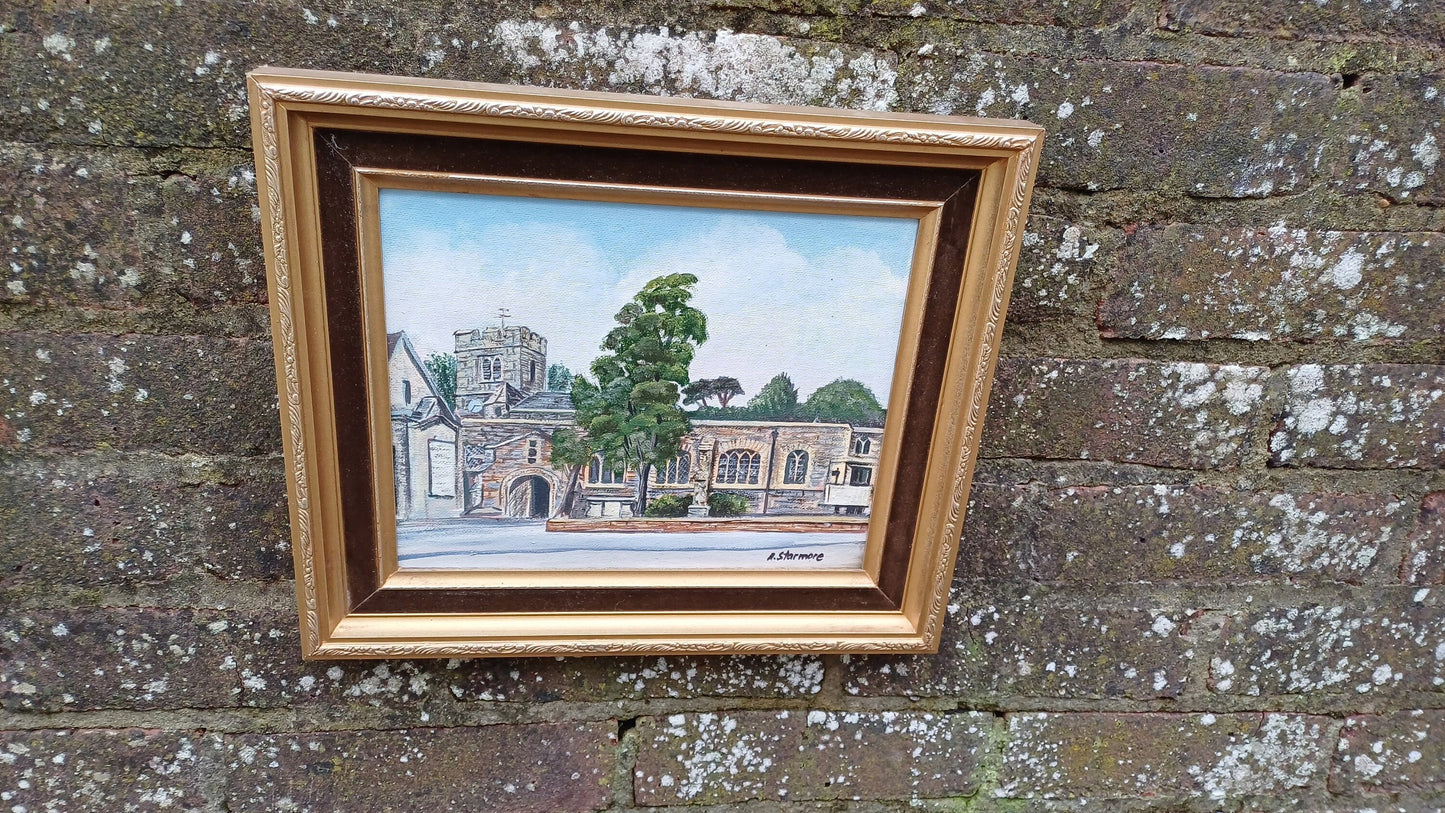 St Mary Church, Finchley original oil painting framed in gilt and velvet vintage frame 29cm x 33.5cm