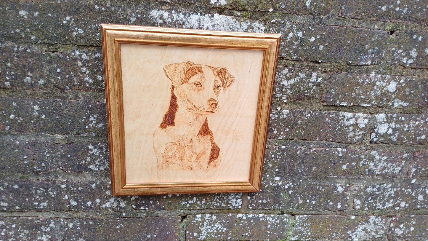 Beloved Jack Russell Dog Portrait Vintage Wood Etching / Carving - 27cm x 30cm