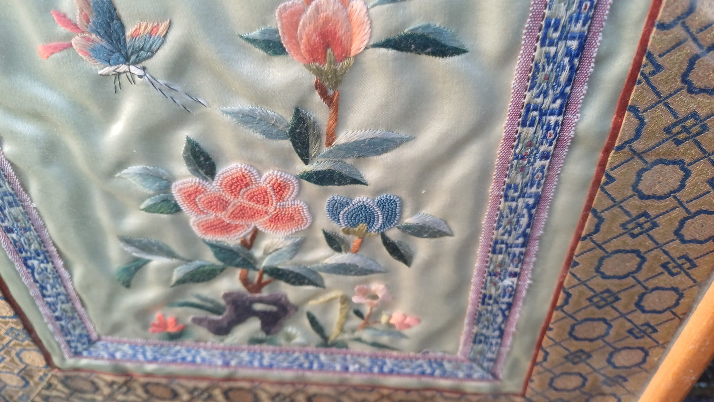 Authentic vintage oriental needlework (exquisitely executed!) of flowers, butterfly on silk fabric in wooden frame - 27cm x 32.5cm