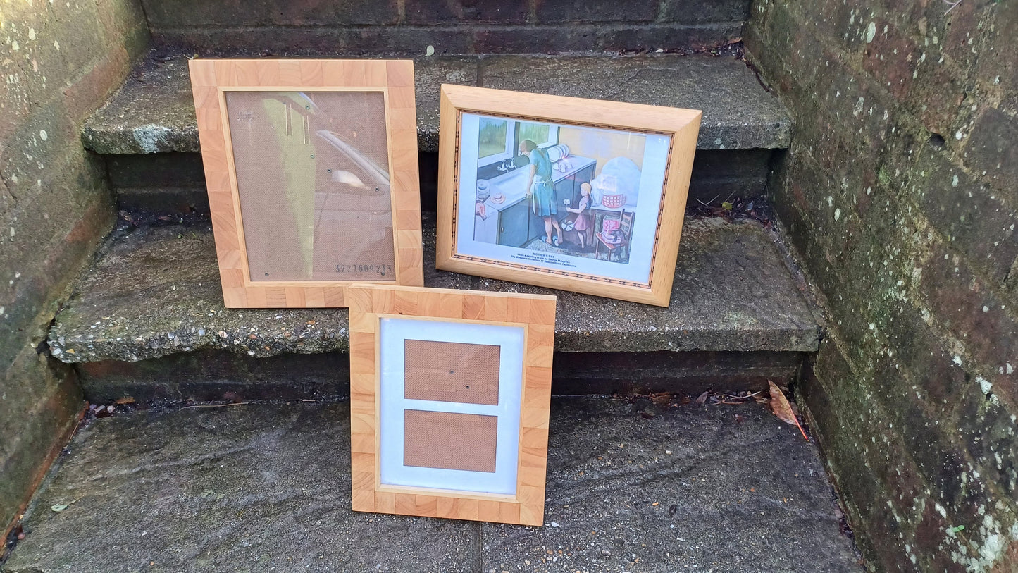 3 good sized photo picture frames made from pine - glazed, two matching, 3rd interesting finish & print from George Musgrave "Mothers Day"