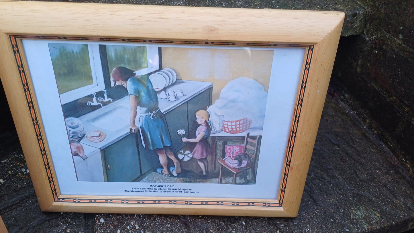 3 good sized photo picture frames made from pine - glazed, two matching, 3rd interesting finish & print from George Musgrave "Mothers Day"